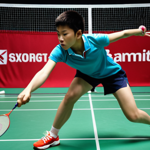 ** A young badminton player, intensely focused, hitting a powerful smash during a match. Emphasize the athlete's energy and determination, with modern training technology (sensors, video analysis equipment) visible in the background. The color palette should be vibrant and dynamic.

**