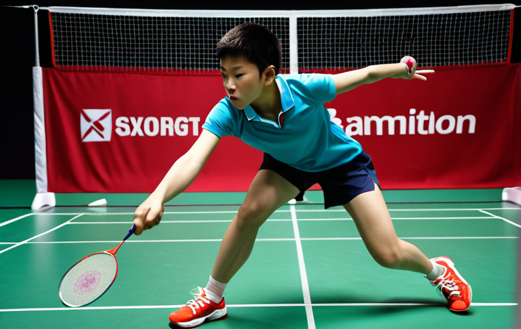 ** A young badminton player, intensely focused, hitting a powerful smash during a match. Emphasize the athlete's energy and determination, with modern training technology (sensors, video analysis equipment) visible in the background. The color palette should be vibrant and dynamic.

**