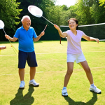 **Image Prompt:** A vibrant action shot of people of all ages playing badminton outdoors on a sunny day, smiling and having fun. Emphasize energy and movement with the shuttlecock in mid-air. Think Dutch "gezelligheid."