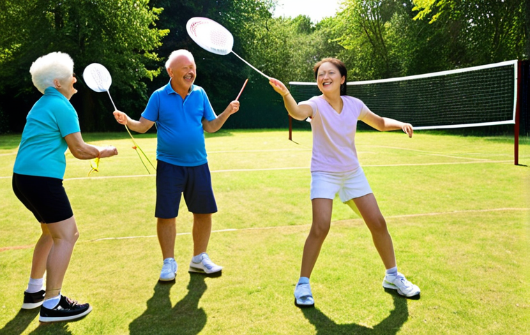 **Image Prompt:** A vibrant action shot of people of all ages playing badminton outdoors on a sunny day, smiling and having fun. Emphasize energy and movement with the shuttlecock in mid-air. Think Dutch "gezelligheid."